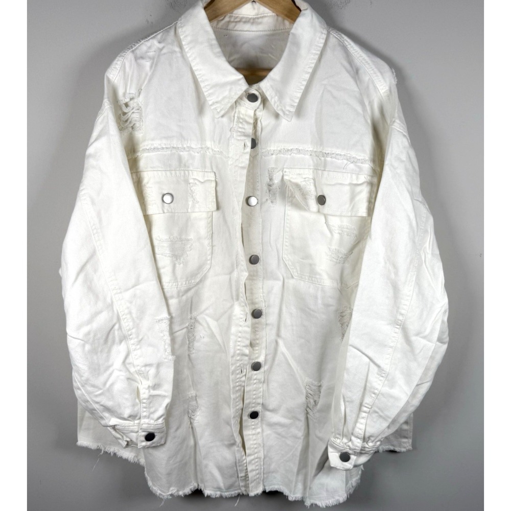 Y2K Distressed White Denim Jacket Long Sleeve‎ Button Casual Womens 3XL NEW